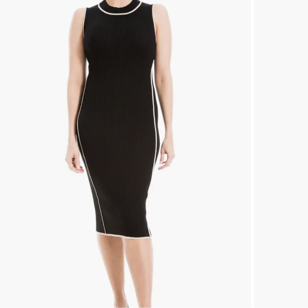 Max Studio London Midi, black bodycon dress with cream piping accent, size L